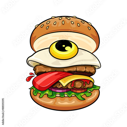 Funny Cartoon Burger with Eye – Creative Surreal Food Illustration