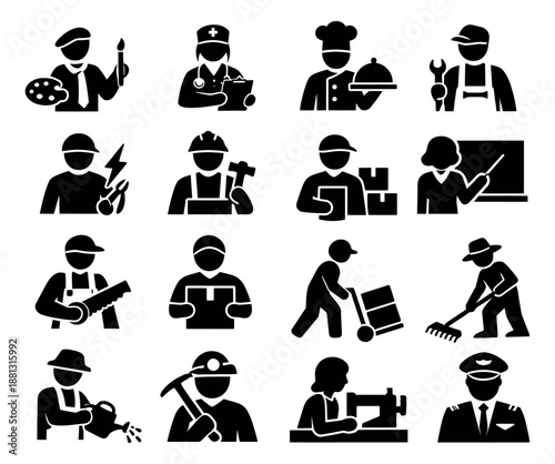 Flat silhouette workers set featuring various occupations for business and industry