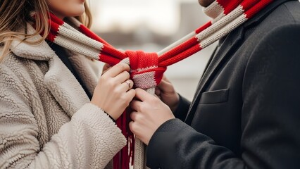 Faceless Valentine Couple Tying Red Scarf Together in Cozy Romantic Detail Shot