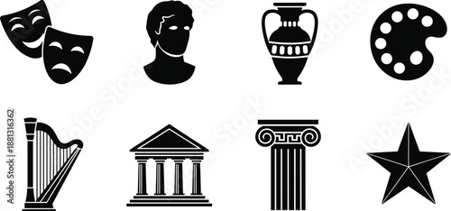 Classical art and culture icon set with theater masks, sculpture, vase, palette, harp, column and star symbols in black silhouette style for museum, history, drama and creative design