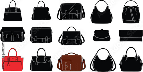 Collection of women handbag silhouettes including shoulder bags, totes, clutches and satchels, isolated on white background, fashion accessory vector set for retail, branding and e commerce design