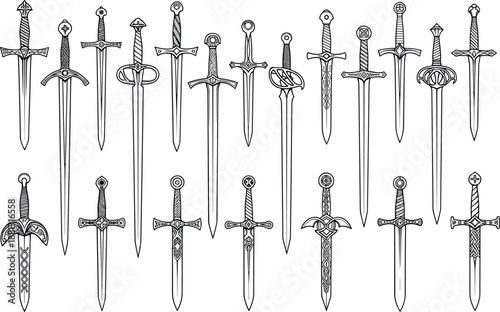 Collection of medieval fantasy swords in detailed line art style, isolated on white background, vintage weapon set for game design, tattoo, heraldry and vector illustration