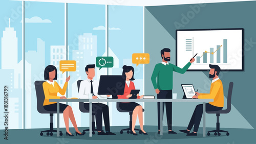 Business Team Meeting with Presentation and Discussion.