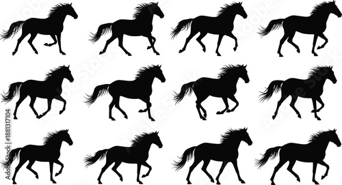 Running horse silhouettes set showing multiple galloping poses in black vector style, wild mustang movement and equestrian motion, isolated on white background for design