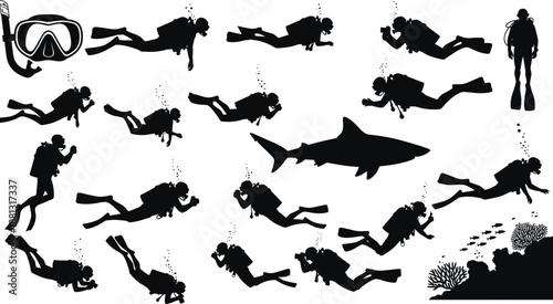 Set of scuba diver silhouettes with shark, corals and underwater gear in various swimming poses, isolated on white background, marine life and diving vector collection
