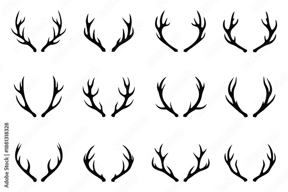 Naklejka premium Deer antlers silhouettes vector set, stag horn shapes, Deer antlers icon