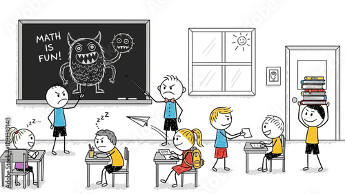Children struggling with math, cartoon illustration of classroom chaos