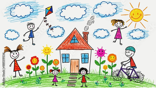 Children's drawing of happy kids, house, kite, sun, flowers and bicycle on sunny day