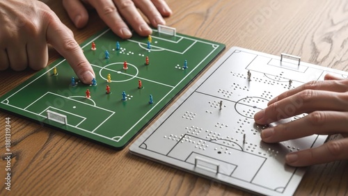 Tactical football strategy discussed by hands on tactile board