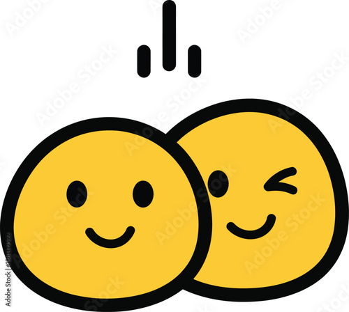 Two friendly yellow cartoon smiley faces one winking interacting closely with a thick black outline.