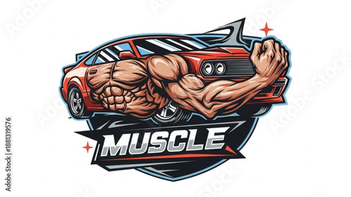 Muscle Car Emblem with Strong Arm.