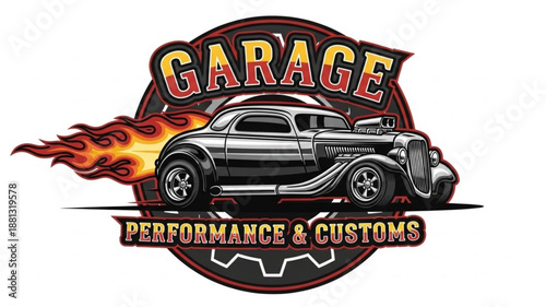 Vintage Hot Rod Car with Flames Logo.
