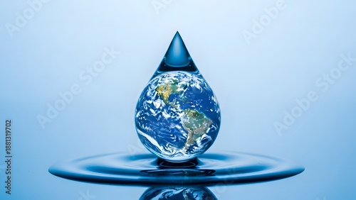 A shimmering water droplet holding a miniature Earth, symbolizing the critical importance of global water conservation and the planet's fragile dependence on this precious resource