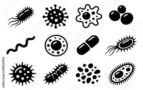 Simple line art microorganism set featuring various bacteria, viruses, and cells for science and medicine