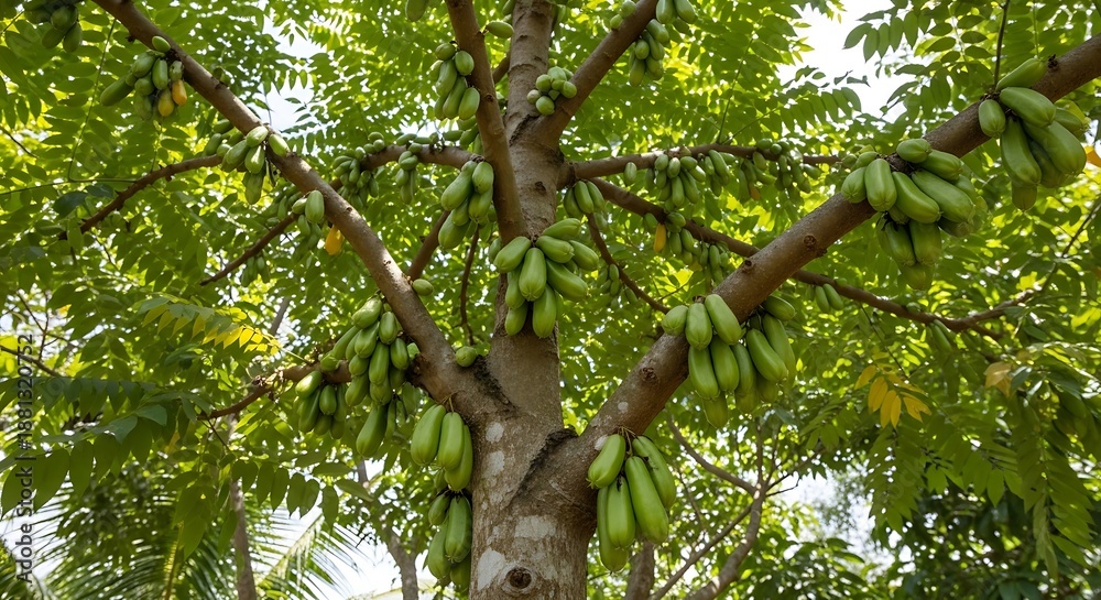 Fototapeta premium Mature tropical fruit tree trunk and branches laden with clusters of oblong green produce