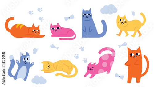 A vibrant and playful flat vector illustration set featuring eight unique cat characters.