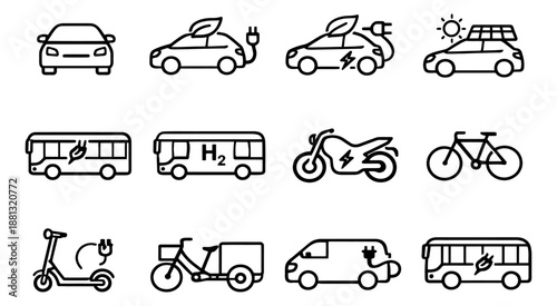 Line art eco transport icons set featuring electric and hydrogen vehicles, bicycles, and scooters for sustainable urban mobility