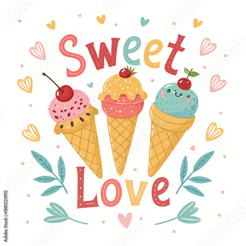 Hand drawn vector illustration of cute ice cream cones, with text Sweet love. Isolated objects on white background. Soft Ice Cream Design concept dessert, kids, greeting card, motivational poster.