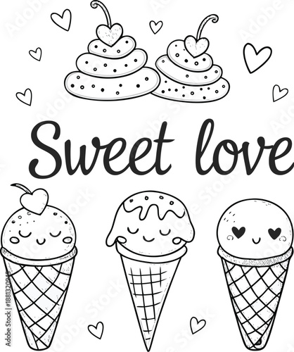 Hand drawn vector illustration of cute ice cream cones, with text Sweet love. Isolated objects on white background. Soft Ice Cream Design concept dessert, kids, greeting card, motivational poster.