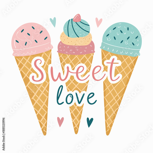 Hand drawn vector illustration of cute ice cream cones, with text Sweet love. Isolated objects on white background. Soft Ice Cream Design concept dessert, kids, greeting card, motivational poster.
