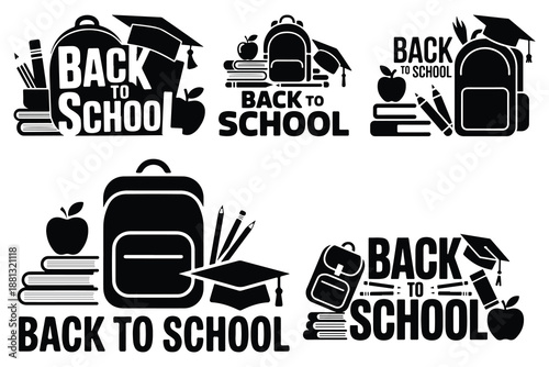 Five black and white back to school backpack with text