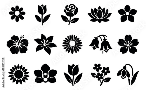 Graphic flower icon set featuring diverse blossom shapes for nature-themed designs