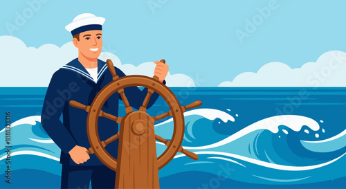 Sailor Steering Ship Wheel
A flat vector illustration of a sailor holding and steering a ship’s wheel. Waves and horizon visible behind. Flat vector design, classic maritime theme.