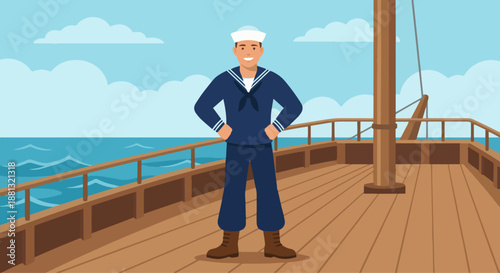 Sailor Standing on Ship Deck
A flat vector illustration of a sailor standing confidently on a ship deck, wearing a sailor uniform and hat. Ocean and sky in the background. 