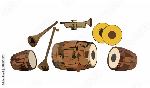 Traditional Indian wedding baja music instruments vector set for Hindu marriage celebration