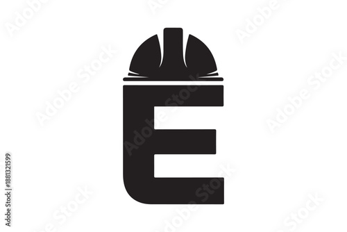 Letter E Construction Logo with Hard Hat silhouette Vector Art