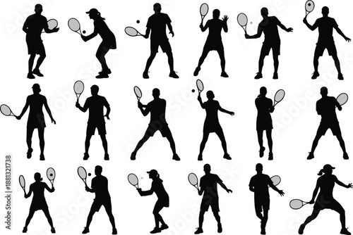Tennis player silhouette icon set with men and women hitting, serving and returning balls in different action poses isolated on white background for sport, competition, training and motion design