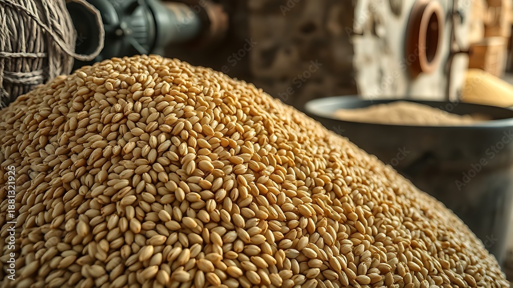 Obraz premium emmer. Heap of hulled emmer grains beside a traditional stone mill. safety posters, maintenance manuals, designed for industrial assembly lines and welding operations.