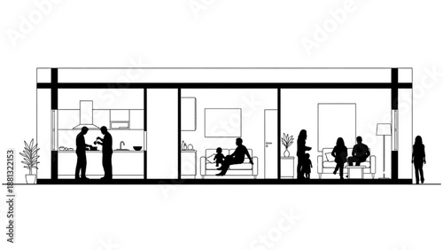 High-quality black continuous line art of a modern house side view floor plan, black silhouette family cooking in kitchen and relaxing on sofa, home lifestyle illustration