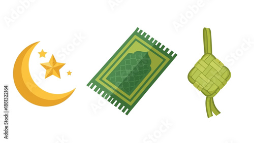 Islamic Symbols: Crescent Moon, Prayer Mat, Ketupat Rice Cake for Eid Celebration