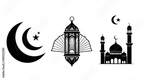 Islamic Symbols: Crescent Moon, Star, Lantern, and Mosque Icons