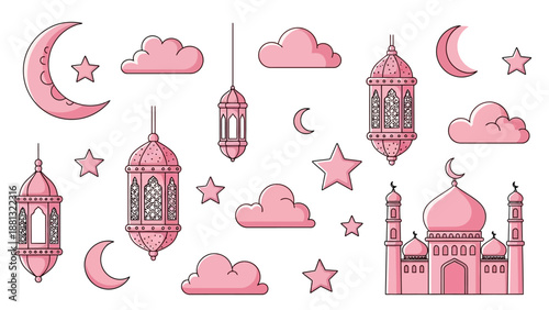 Ramadan Kareem Islamic Symbols: Mosque, Lanterns, Moon, Stars, Clouds - Pink Illustration
