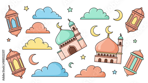 Ramadan Kareem Mosque Crescent Moon Lanterns Clouds Stars Islamic Celebration Cartoon