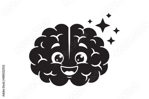 Happy Brain Cartoon Character With Sparkles Silhouette Vector Illustration