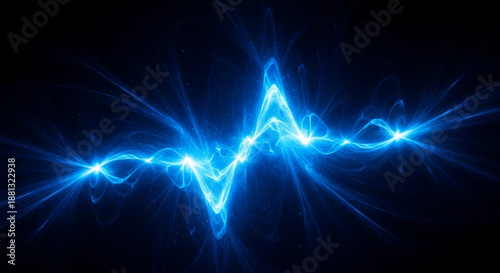 Dynamic electric energy waves flowing from a central light burst on a dark background, representing power and speed. Blue radiation breakdown. Abstract technology background with glowing blue lines.