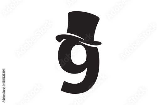 Number 9 wearing a classic top hat silhouette vector art