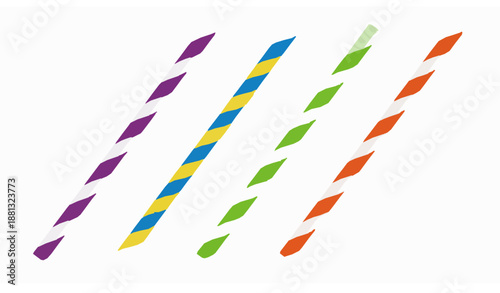 Diagonal Striped Drinking Straws Vector Set Purple Blue Green Orange Colorful Illustration