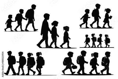 Silhouettes of children walking with backpacks in rows