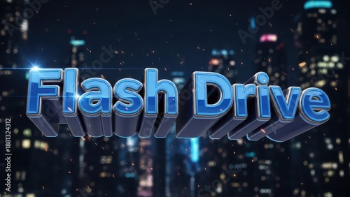 Flash Drive 3D Text Over Cityscape Night Scene.