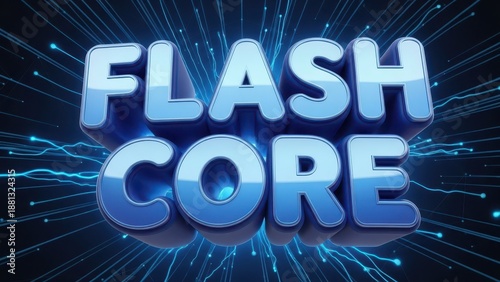 Flash Core 3D Text with Glowing Blue Lines and Particles on Dark Background.