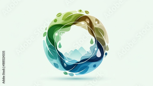 Eco friendly swirl design with water and leaf elements on white background symbolizing nature and sustainability