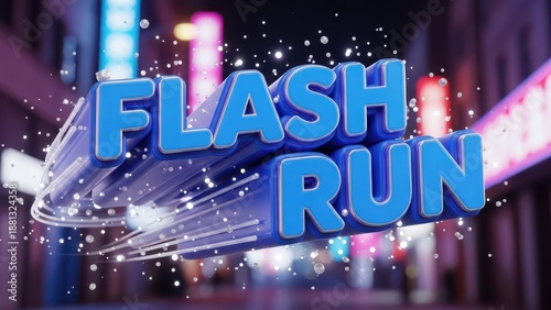 Flash Run 3D Text Effect with Neon Lights and Dynamic Particles on a City Street Background.