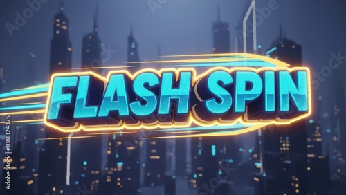 Flash Spin Neon Sign with Dynamic Light Trails Over a Modern Cityscape at Night.