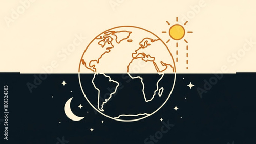 Earth divided day and night with sun and moon in contrasting halves symbolizing global time zones and rotation