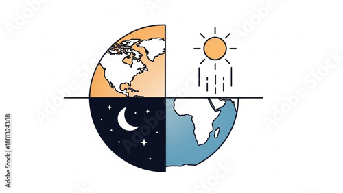 Day and night earth globe with sun symbol illustrating global time zones and climate