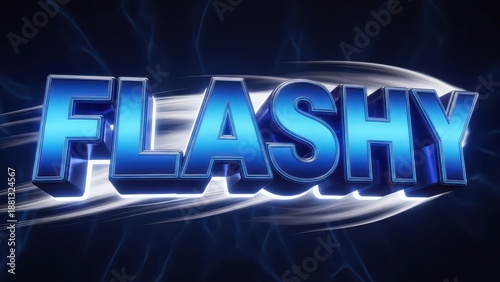 Flashy Blue Text Effect with Glowing White Light Trails on a Dark Background.